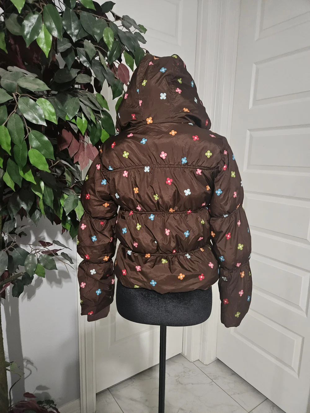 Gymboree Brown Hooded Puffer Jacket with Multicolor Flower Accents